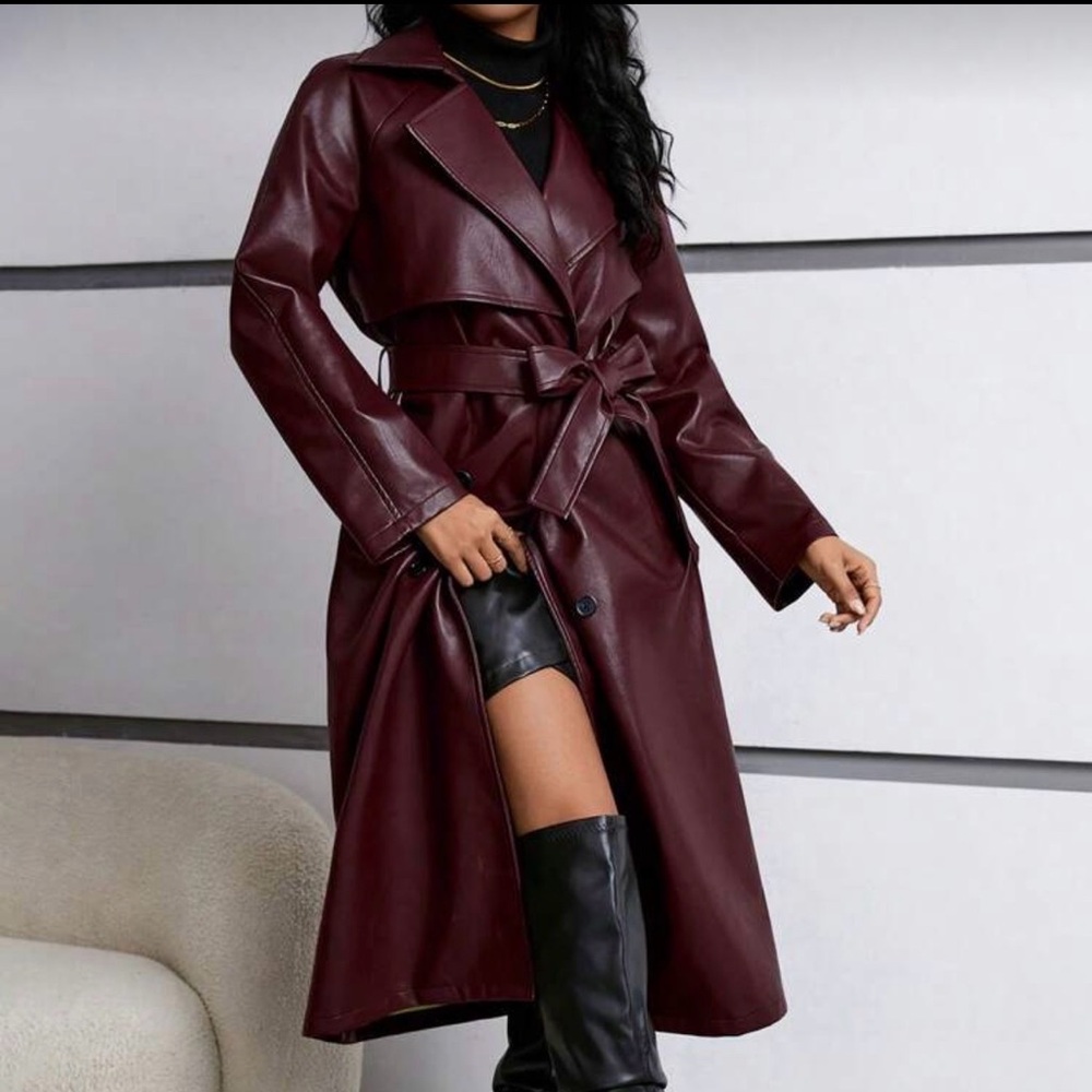 Women's Burgundy Leather Trench Coat